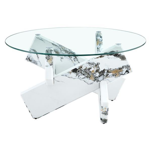 Opalesque 33" Round Coffee Table - Tempered Glass Top - White Patterned Legs 