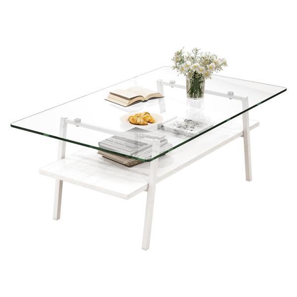 Elev Rectangle 39"L x 23"W Coffee Table - Tempered Glass Top - White Metal Legs 