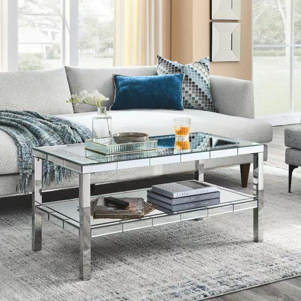 Euphorix Kai Lee 39"L x 20"W Coffee Table - Crystal Mirror - Stainless Steel Frame 
