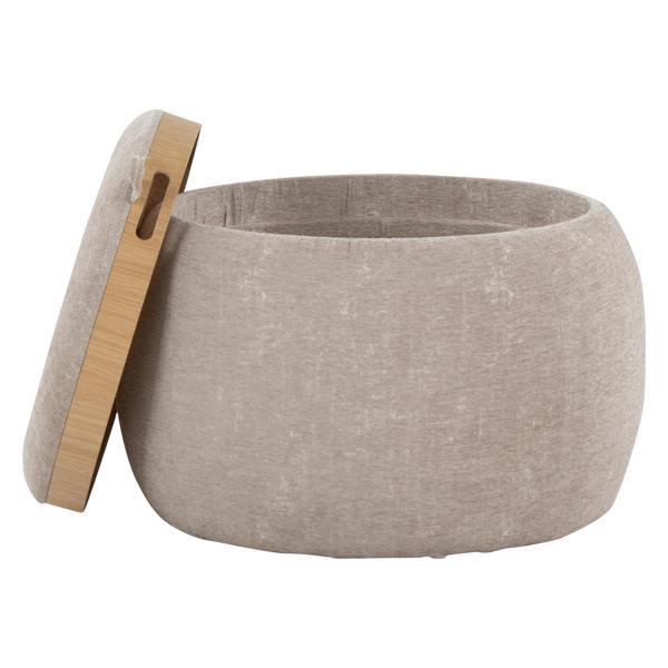 Haven Tray Pouf Ottoman - Natural Wood Tray Top - Light Brown Fabric 