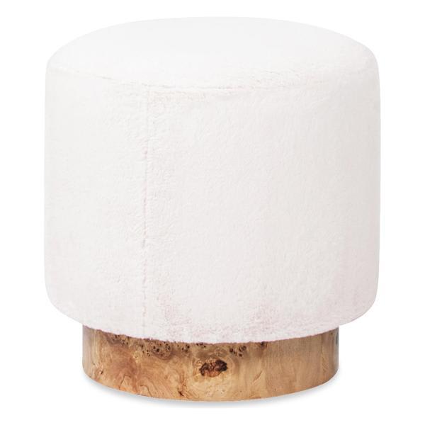 Avalon Bay 17" Round Ottoman - White Faux Fur and Burl Wood Base 