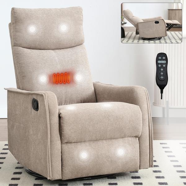 Heat Massage Recliner Chair - Rocker and Swivel - Khaki 