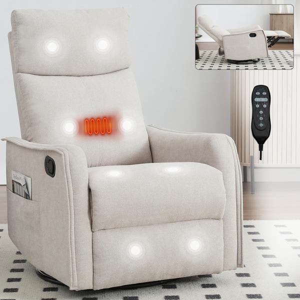 Heat Massage Recliner Chair - Rocker and Swivel - Beige 