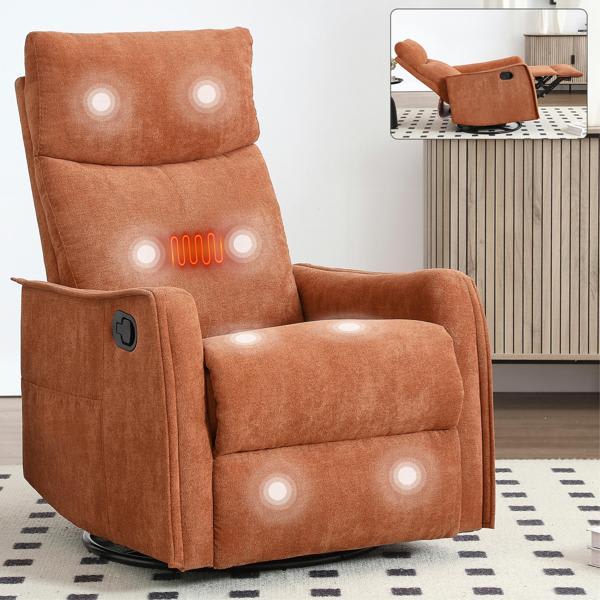 Heat Massage Recliner Chair - Rocker and Swivel - Orange Fabric 