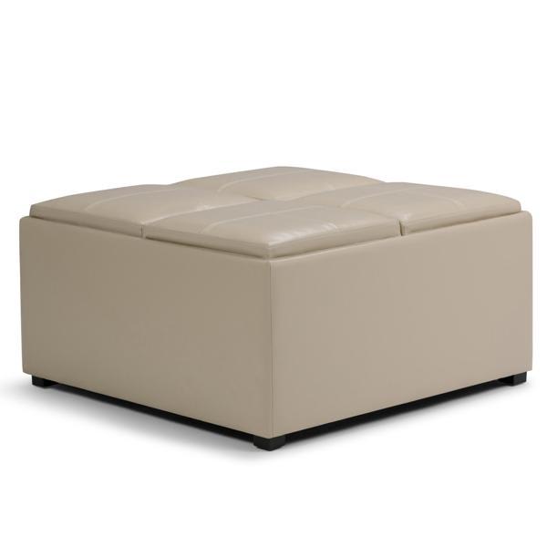 Lunara 19" Ottoman - Satin Cream Faux Leather - Storage and Serving Trays 