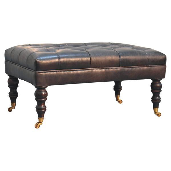 Halithara Artisan Furniture Ottoman - Buffalo Ash Black Leather - Solid Wood 