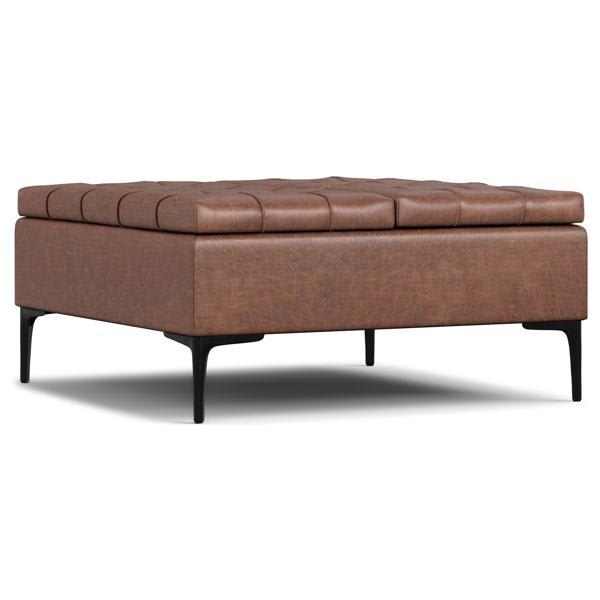 Alethea 36"L x 36"W Storage Ottoman - Distressed Saddle Brown Vegan Faux Leather 