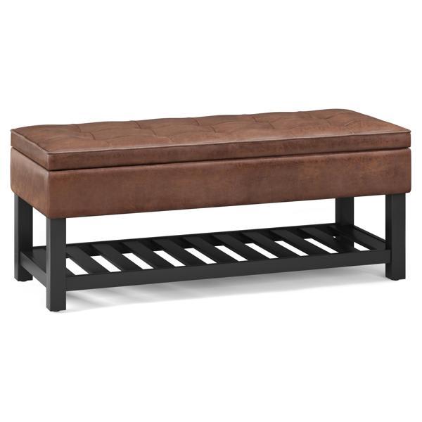 Wistful Cosmopolitan Storage Ottoman Bench - Distressed Saddle Brown Vegan Faux Leather 