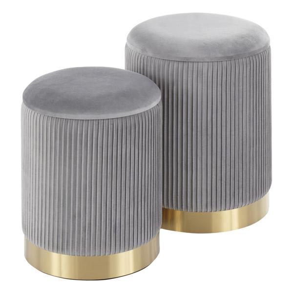Waverley Marla Ottoman Set - Contemporary Pleated Design - Grey Velvet - Set of 2 