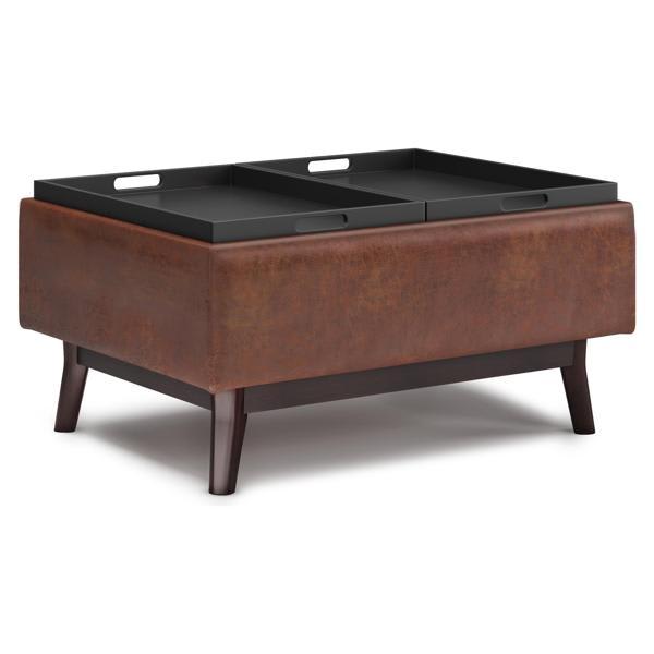Dakota 34" Ottoman - Distressed Saddle Brown Faux Leather - Tray Top 