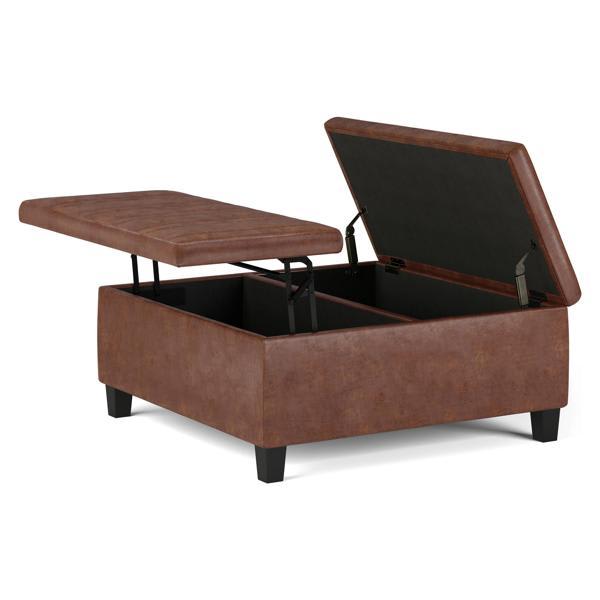Sagebury Ellis Coffee Table Storage Ottoman - Distressed Saddle Brown Faux Leather 