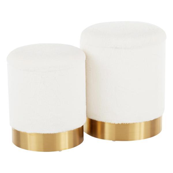 Gentle Marla Nesting Ottoman Set - Cream Plush Fabric - Gold Metal Base 