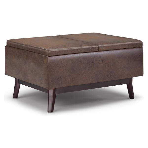 Zosia Owen Tray Top Ottoman - Distressed Chestnut Brown Faux Leather 