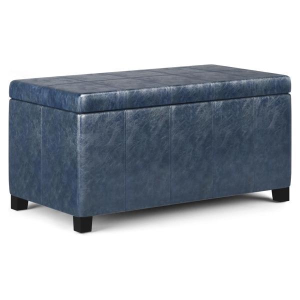 Dewdrop Dover Storage Ottoman Bench - Denim Blue Faux Leather 