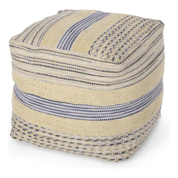 Ucluelet 16" Ottoman Pouf - Natural and Blue Hemp and Wool 