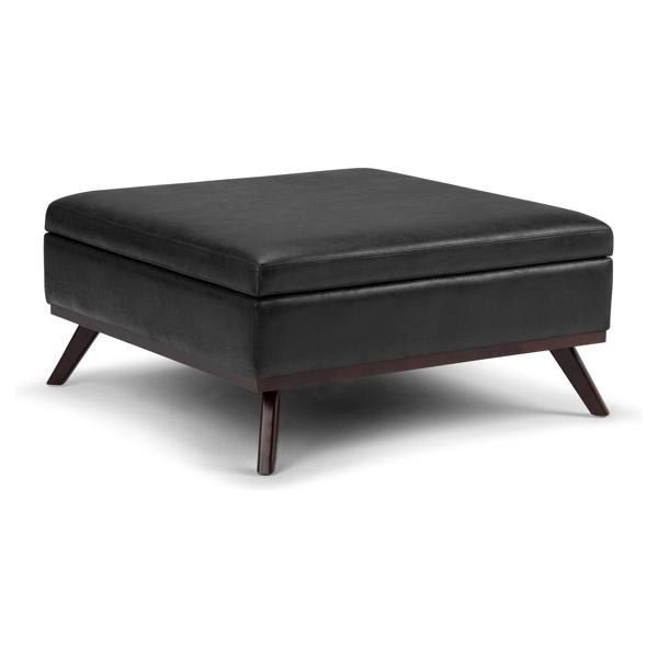 Zennor Owen Square Coffee Table Storage Ottoman - Distressed Black Faux Leather 