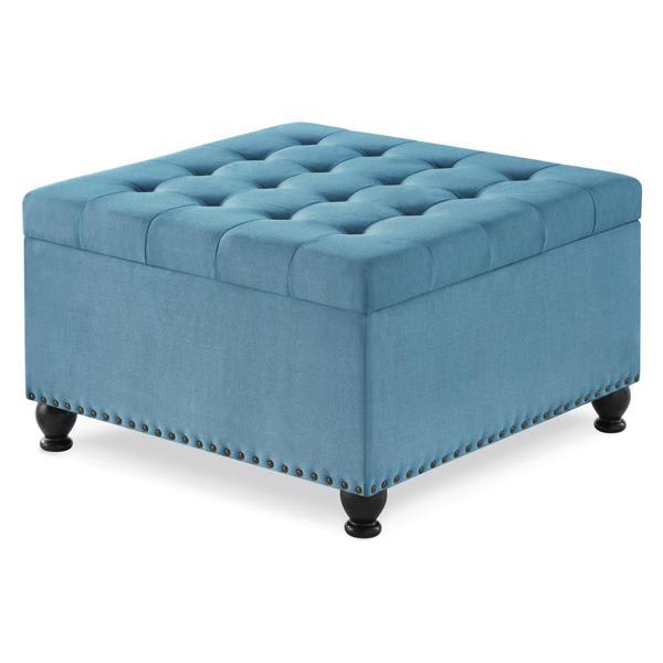 Dawnbreak 30" Ottoman with Wooden Legs - Button Tufted - Light Blue Linen 