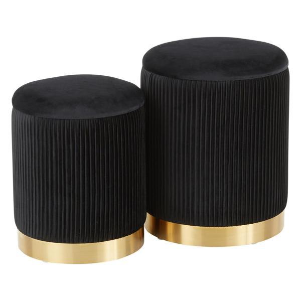 Marigold Marla Ottoman Set - Pleated Velvet - Black and Gold - Set of 2 