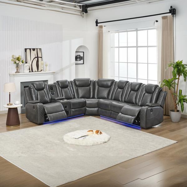 Kaidyne M071 73" Sectional Sofa - With Speaker and LED Strip - Grey Faux Leather 