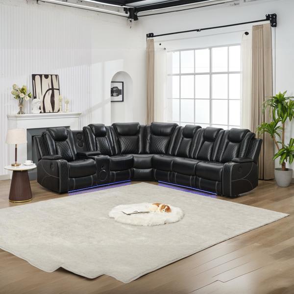 Kaidyne M071 145" Sectional Sofa - Power Reclining - Black Technical Leather - Bluetooth Speaker - LED Strip 