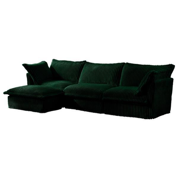 Quinith Urban L-Shaped Sectional Sofa - Green Corduroy - Convertible Ottoman - 2 Pillows 