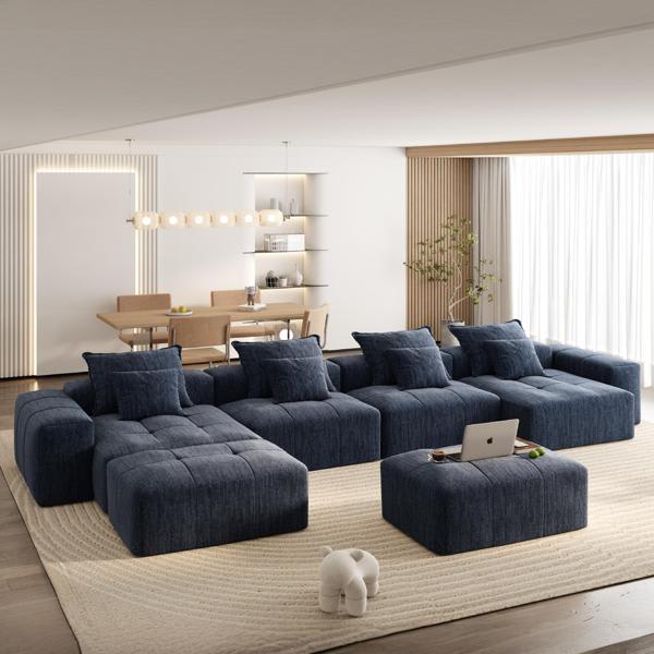 Lysandir Modern 128" Sectional Sofa - Sparkling Chenille Fabric Soft Cushion - Blue 