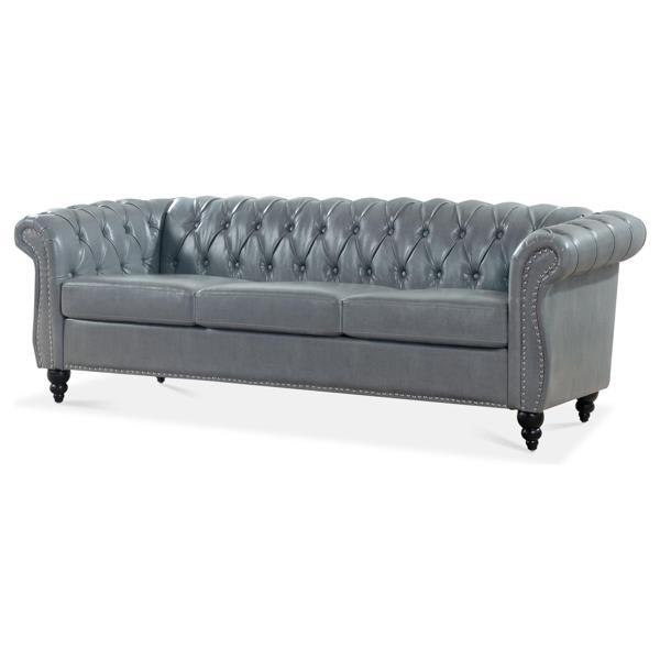 Corius Chesterfield 85" Sofa - Rolled Arm - Grey Polyurethane 