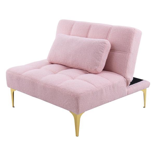 Amalune Convertible 39" Sofa Bed Futon - Pink Teddy Fabric - Gold Metal Legs 