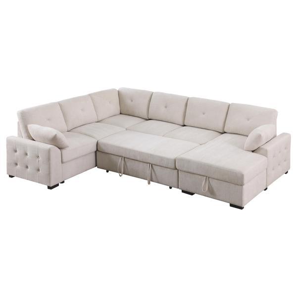 Eastlake Nyhan 118" Sectional - Pull out Loveseat and Storaged Chaise - Beige Chenille 