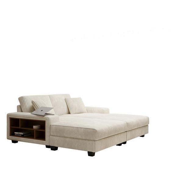 Dawnrise Convertible Sofa - Beige Corduroy - Double Chaise Lounge - Storage Armrests 