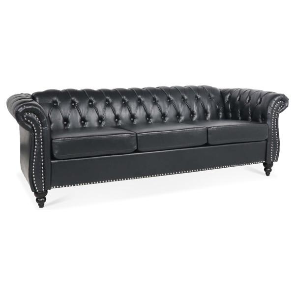 Corius 85" Sofa - Black Polyurethane Rolled Arm Chesterfield 