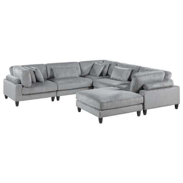Fable Kanepe 36" Sectional Sofa and Ottoman - 6 Pieces - Gray Corduroy Upholstery 