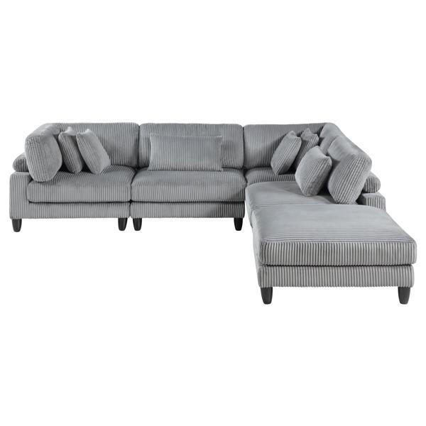 Fable 120" Sectional Sofa and Ottoman - Gray Corduroy Upholstery - 5 Pieces 