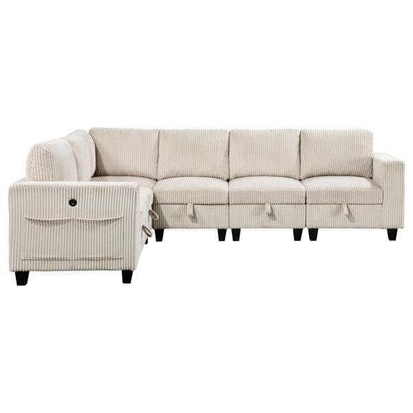 Selery Walterboro 112" Sectional Sofa - 6-Piece Modular Design with Storage Seats and USB Charging Ports - Beige Corduroy Fabric 