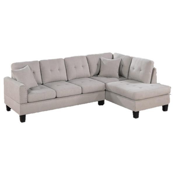 Harpina 99" Sectional Sofa - Mushroom Velvet Tufted Couch with Nailhead Trim 