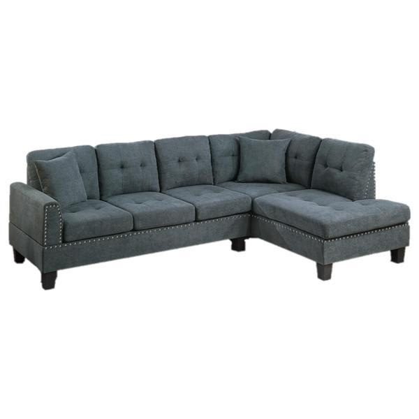 Harpina 99" Sectional Sofa - Ash Black Velvet - Tufted Cushion - Nailhead Trim 