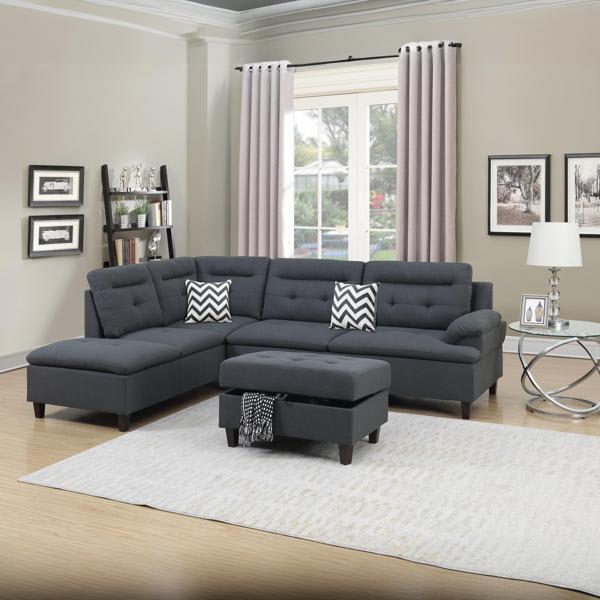Kairos 105" Sectional Sofa with Ottoman - Charcoal Linen Like Fabric - 3 Pieces 