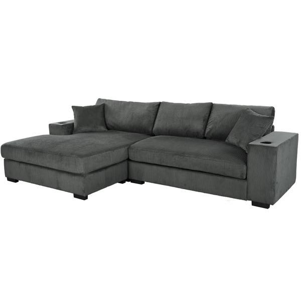 Dovetail 112" Sectional Sofa - Thick Cushions and Built-in Cup Holders and Charging Ports - Grey Corduroy 
