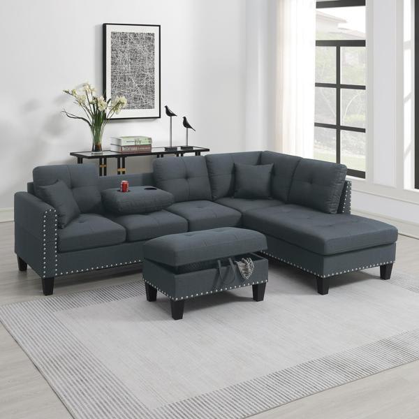 Valleno Kanepe 34" Sectional Sofa Set - Charcoal Linen-Like Fabric - Includes Ottoman and Pillows 
