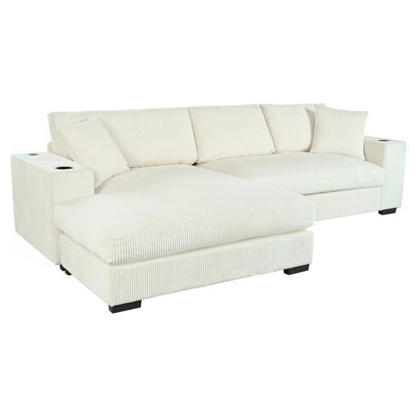 Dovetail 112" Sectional Sofa - Thick Cushions - Beige Corduroy 