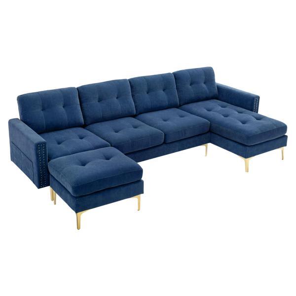 Wist 111" Sectional Sofa with Movable Ottoman - Velvet - Blue 
