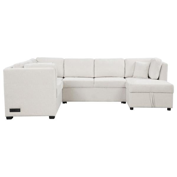 Vallancia U-shaped 109" Sectional Sofa Bed - Beige Chenille - USB Ports and Power Sockets 
