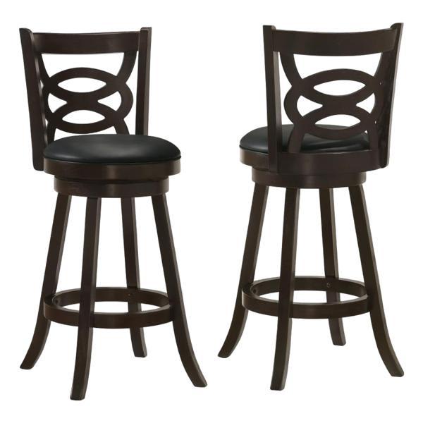 Calecita Wood Swivel Bar Stool with Black Leatherette Upholstery - Cappuccino Finish Legs - Set of 2 