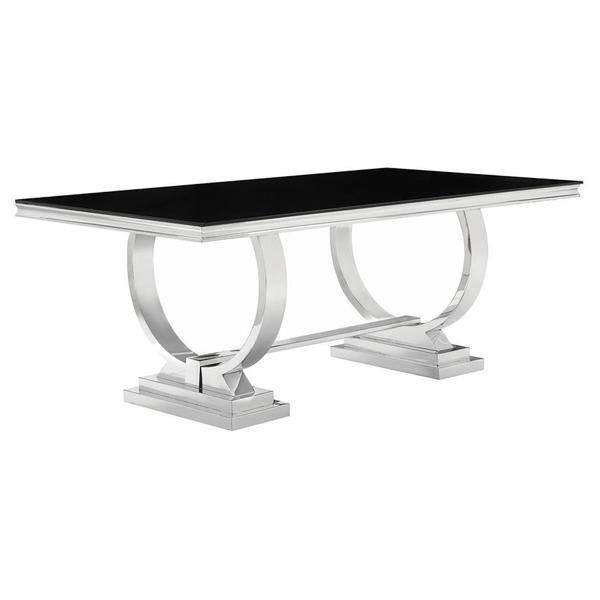 Antoine 94"W x 42"L Rectangular Glass Top Dining Table Black - Silver Edges and Legs 