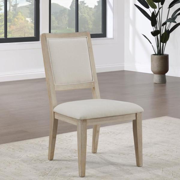Trofello Cushioned Dining Side Chair with Wood Frame - White Washed Finish Frame - Beige Fabric - Set of 2 