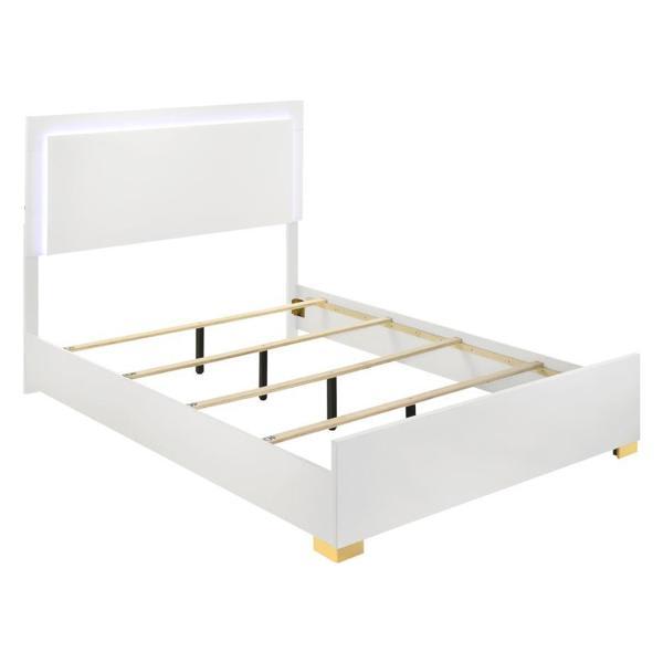 Marceline Wood Full LED Panel Bed White - Gold Metal Finish Feet 