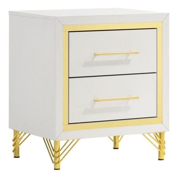 Lucia 2-Drawer Nightstand Bedside Table - White - Gold Trim 