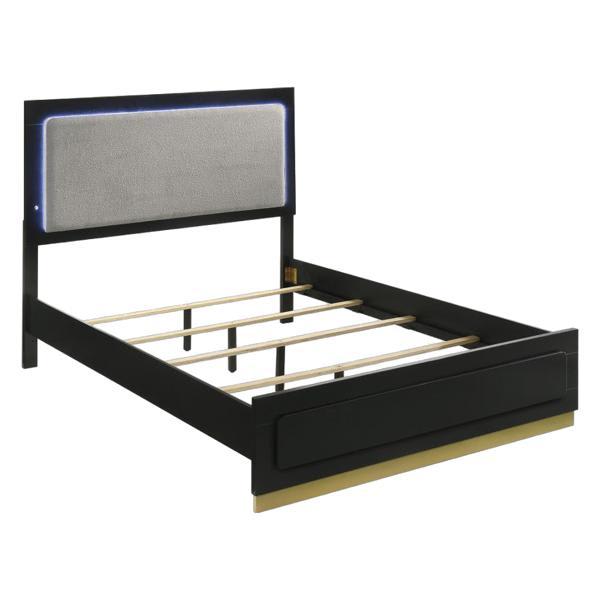 Caraway Wood Queen LED Panel Bed Black - Light Grey Fabric 