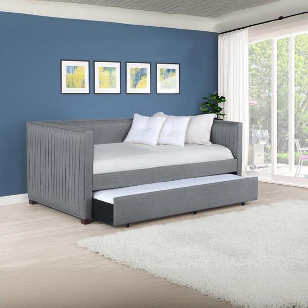 Brodie Upholstered Twin Daybed with Trundle - Grey - Black Finish Feet 