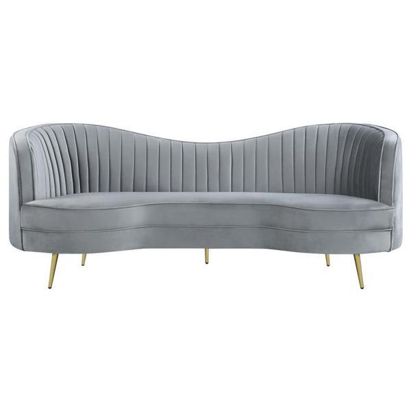 Sophia Upholstered Channel Tufted Sofa - Grey Velvet - Gold Finish Stainless Steel Legs 